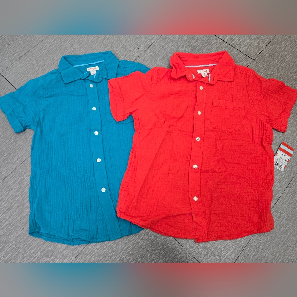 Boys 'Short Sleeve Gauze Bottom- Down Shirt  Red & Turquoise- Size M (BUNDLE )